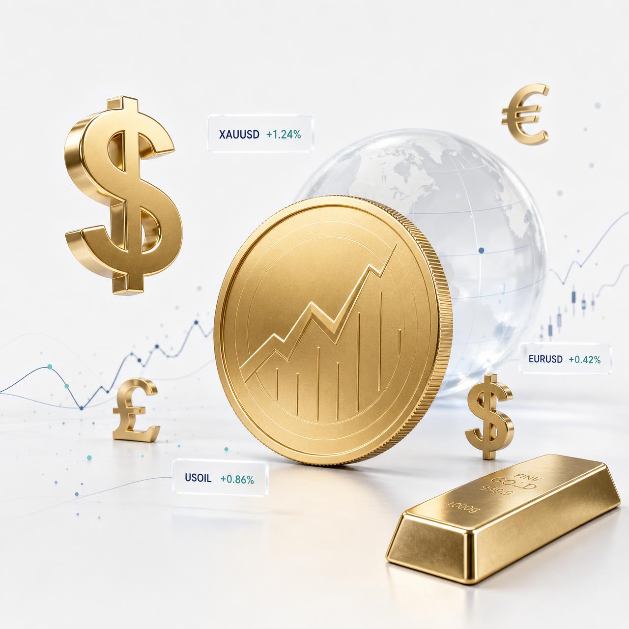 Premium three-dimensional financial composition with a gold market coin, global currencies, a gold bar and global market data